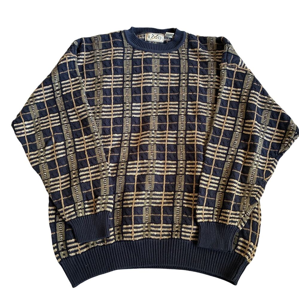 Vintage Izod Sweater Mens XL Navy/Tan Plaid Cotton Linen Blend Crewneck Grandpa